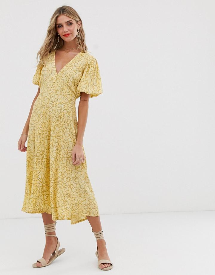 Faithfull Delia Snake Print Midi Dress-yellow