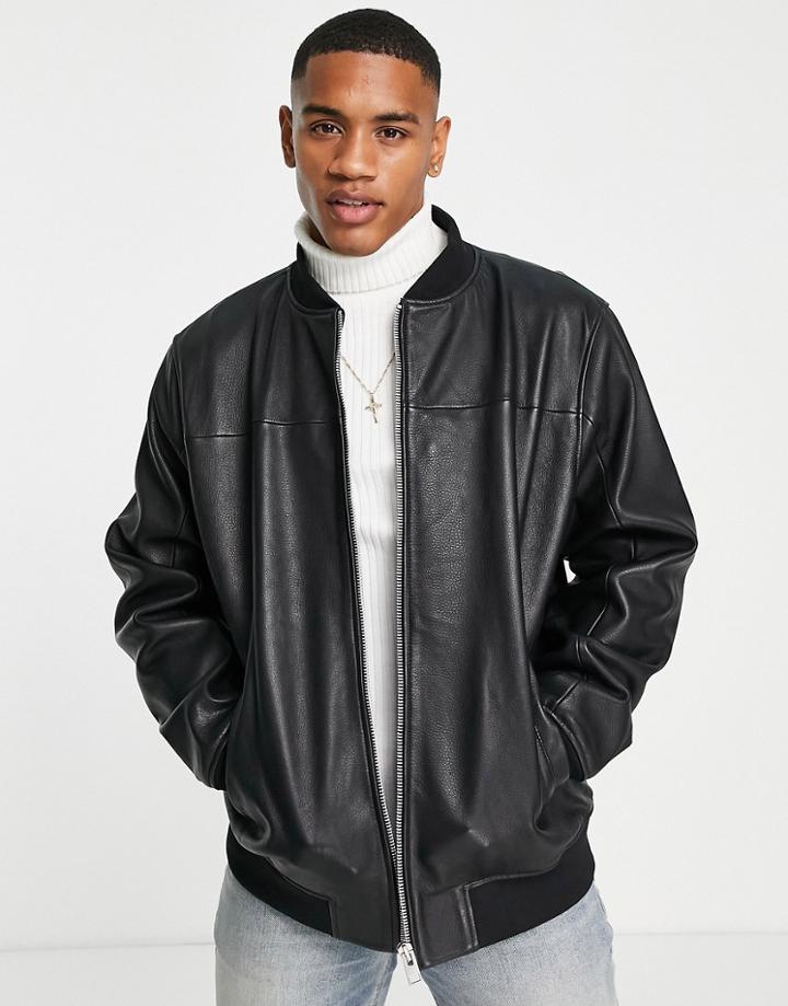 Barneys Originals Leather Oversized Bomber Jacket In Black