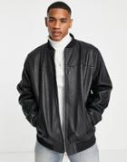Barneys Originals Leather Oversized Bomber Jacket In Black