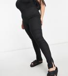 Flounce Plus Narrow Ribbed Leggings With Side Split In Black