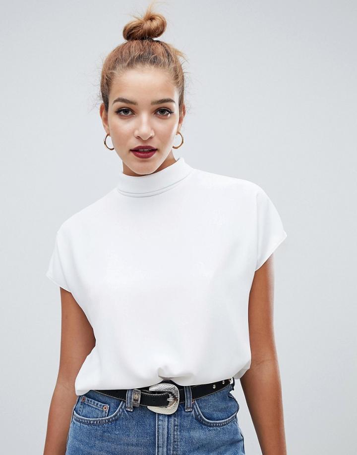 Asos Design Short Sleeve High Neck Top - White