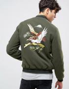 Asos Souvenir Jacket In Soft Handle With Eagle Embroidery In Khaki - G