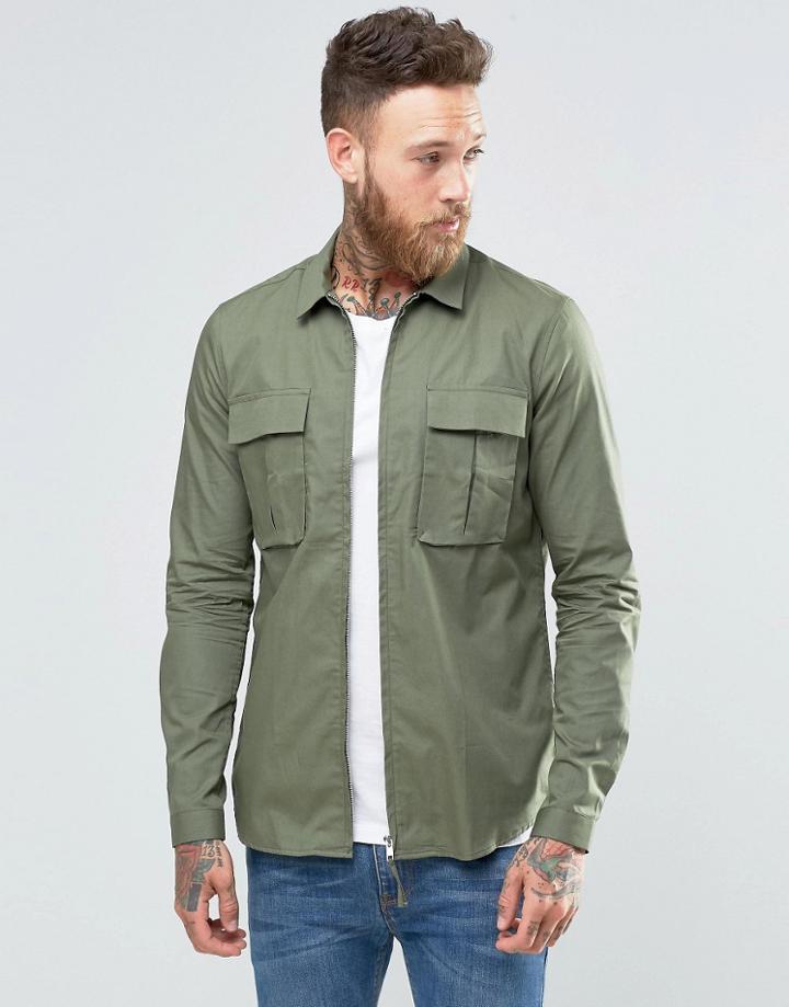 Asos Regular Fit Military Shacket Khaki With Zip Through - Green