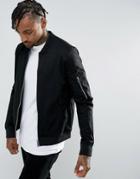 Asos Design Muscle Fit Bomber Jacket With Sleeve Zip In Black - Black