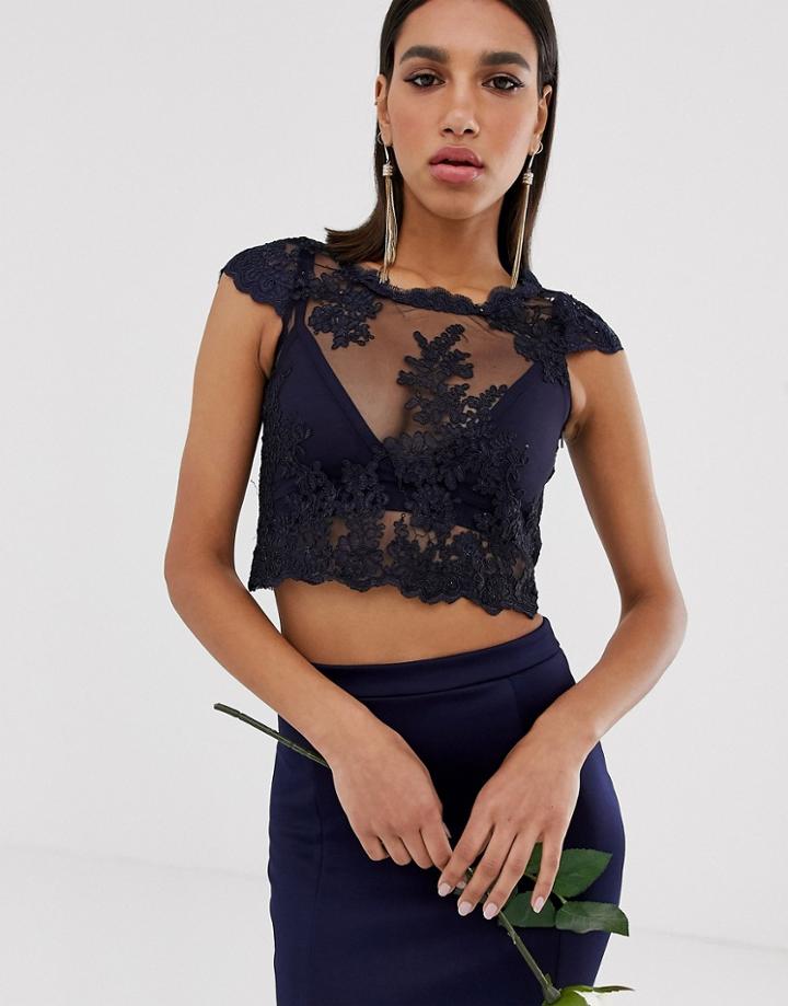 Club L Bridesmaid Applique Embroidery Detail Crop Top-navy