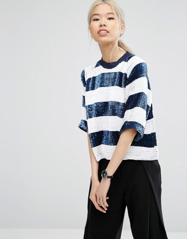Asos White Stripe Sequin Top - Navy