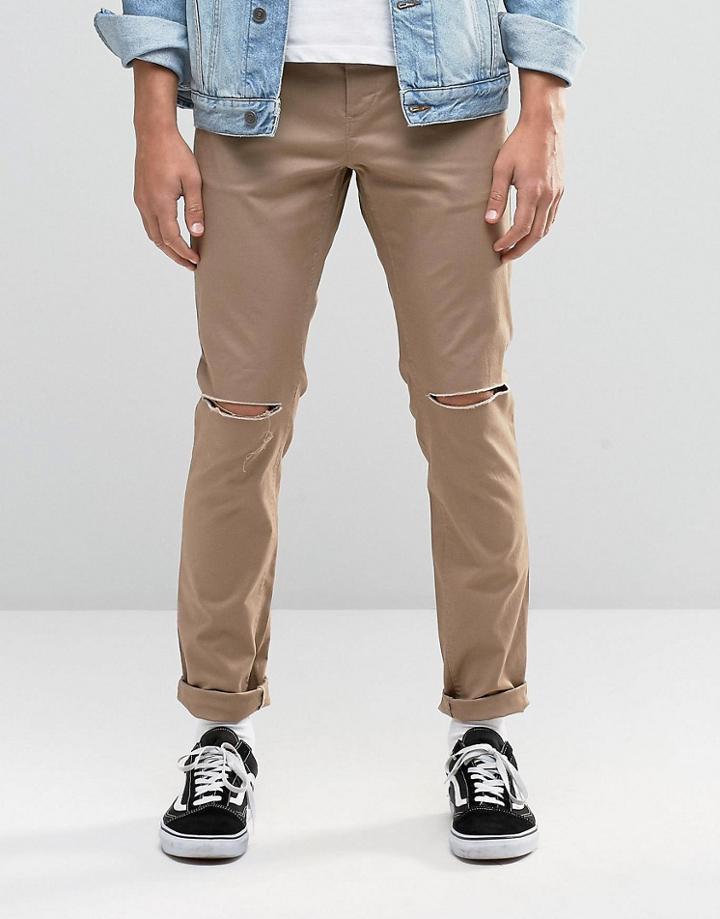 Asos Skinny Cotton Pants In Stone With Knee Rip - Stone