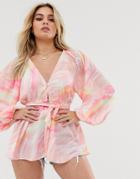 Asos Design Plunge Top With Kimono Sleeve And Belt Detail In Tie Dye Print - Multi