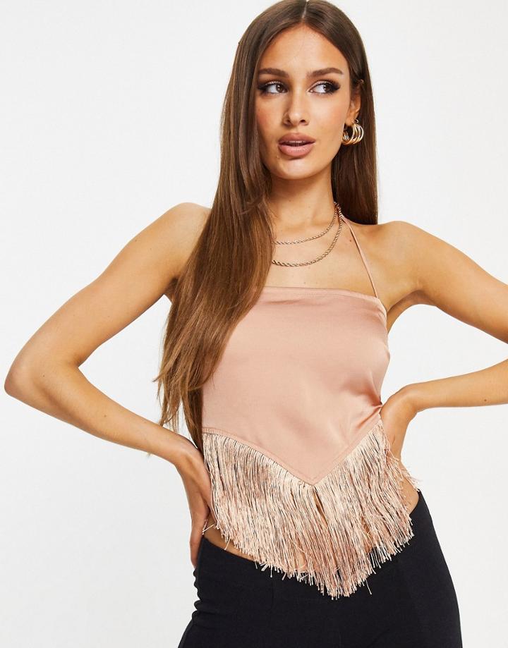 Rare London Scarf Top With Fringe In Camel-neutral
