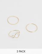 Asos Design Pack Of 3 Rings With Open Circle Design And Twist Band In Gold Tone - Gold