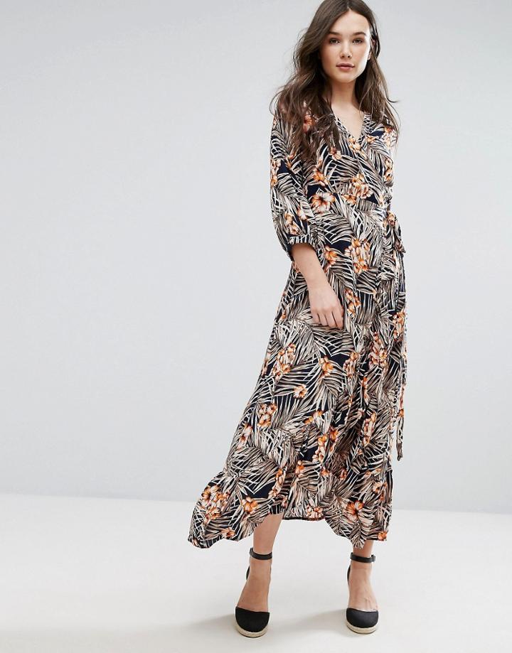 Qed London Printed Wrap Midi Dress - Navy