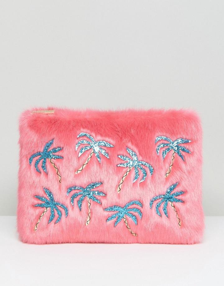 Skinnydip Faux Fur Pouch With Palm Tree Applique - Pink
