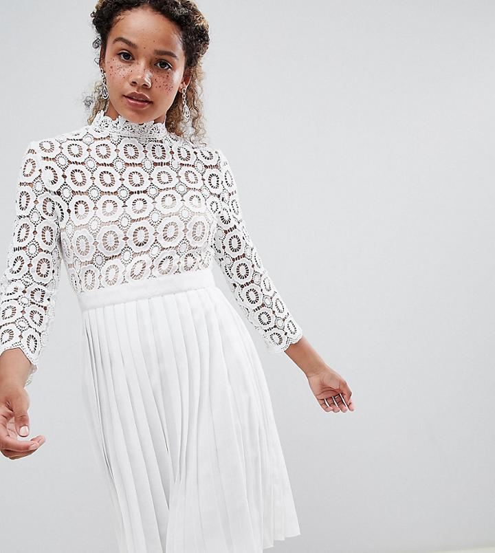Little Mistress Petite 3/4 Sleeve Lace Top Pleated Midi Dress-white