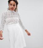 Little Mistress Petite 3/4 Sleeve Lace Top Pleated Midi Dress-white