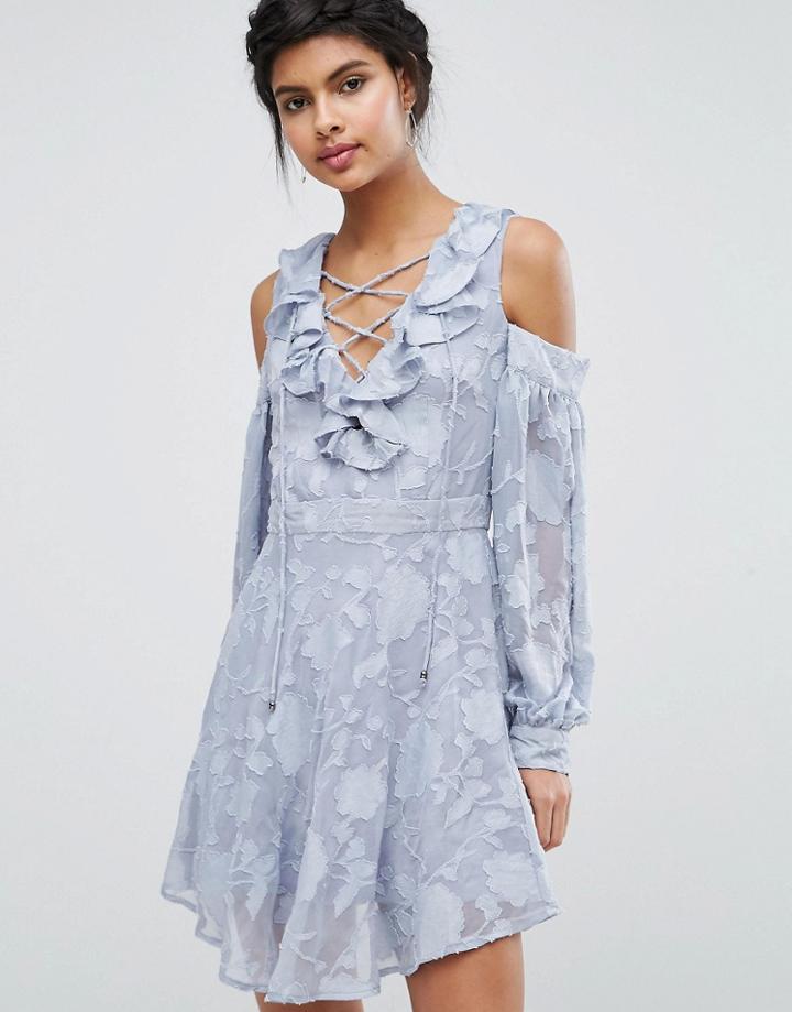 Dark Pink Lace Up Front Burn Out Mini Dress - Blue