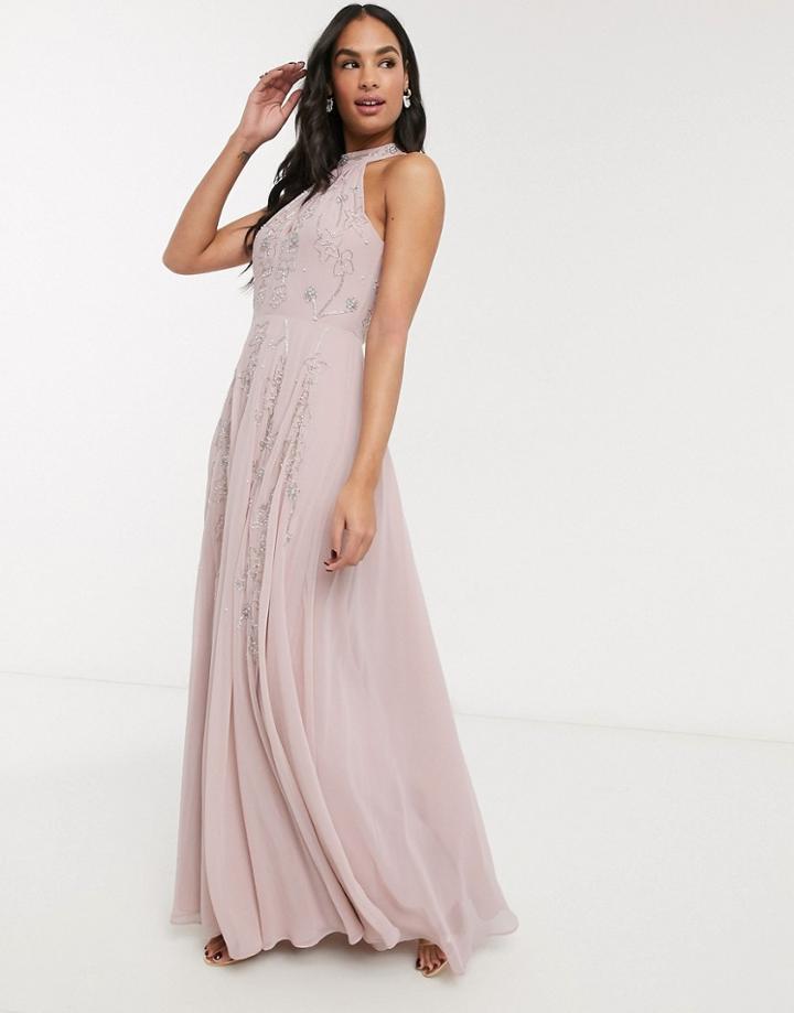 Asos Design Halter Maxi Skater Dress In Embellishment With Godets-multi