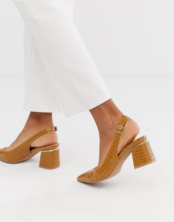 Asos Design Saucer Slingback Pointed Heels In Croc-tan