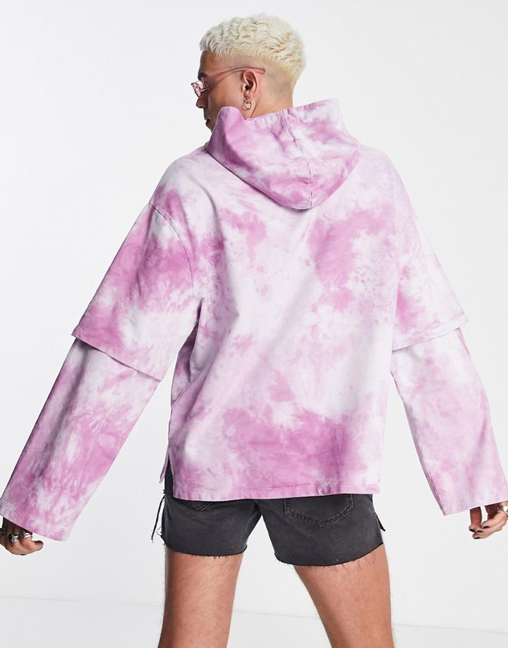 Asos Design Oversized Hoodie In Pink & White Tie Dye With Double Layer Sleeve-multi