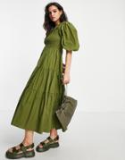Topshop Shirred Puff Sleeve Midi Dress In Khaki-green