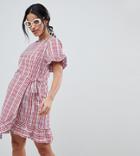 Asos Design Maternity Wrap Front Frill Sleeve Skater Mini Dress In Gingham - Multi