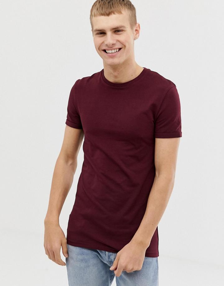 Asos Design Muscle Fit T-shirt With Crew Neck With Roll Sleeve In Burgundy - Red