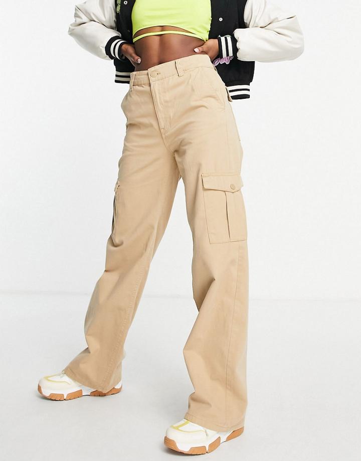 Pull & Bear High Waisted Straight Leg Cargo Pants In Beige-neutral