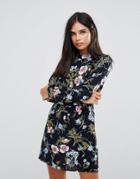 Ax Paris Long Sleeve Shift Dress With Frill Detail In Floral Print - Navy