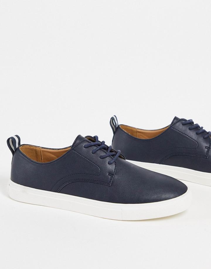 Asos Design Derby Lace Up Shoes In Navy Faux Leather With White Sole