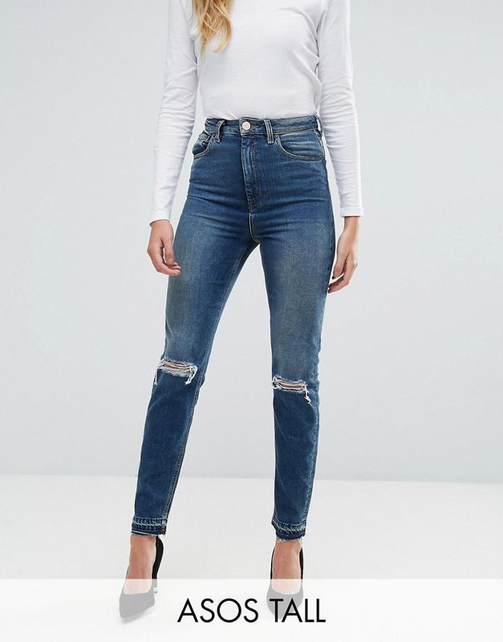Asos Tall Farleigh High Waist Slim Mom Jeans In Sonnet Aged Vintage Darkwash With Busts And Cinch Back - Blue