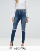 Asos Tall Farleigh High Waist Slim Mom Jeans In Sonnet Aged Vintage Darkwash With Busts And Cinch Back - Blue