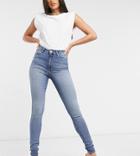Asos Design Tall High Rise 'ridley' Skinny Jeans In Authentic Midwash-blues