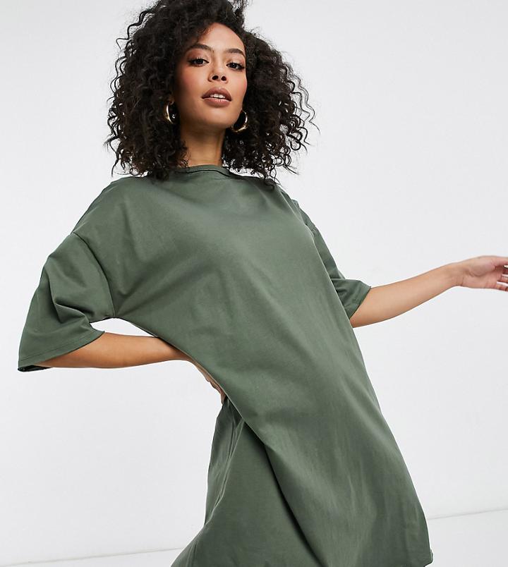 Asos Design Tall T-shirt Dress In Khaki-green