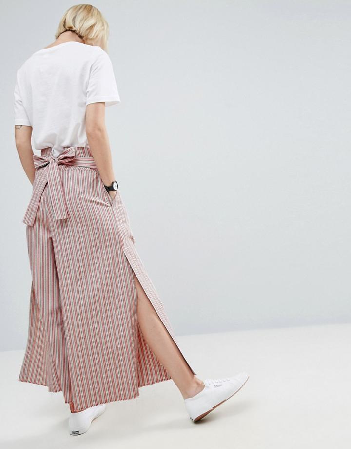 Asos Stripe Wide Leg Pants With Tie Back And Splits - Multi