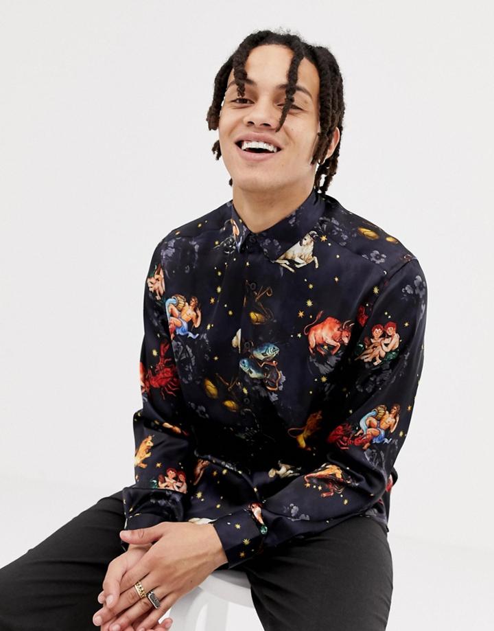 Asos Design Regular Fit Satin Shirt In Zodiac Print - Black