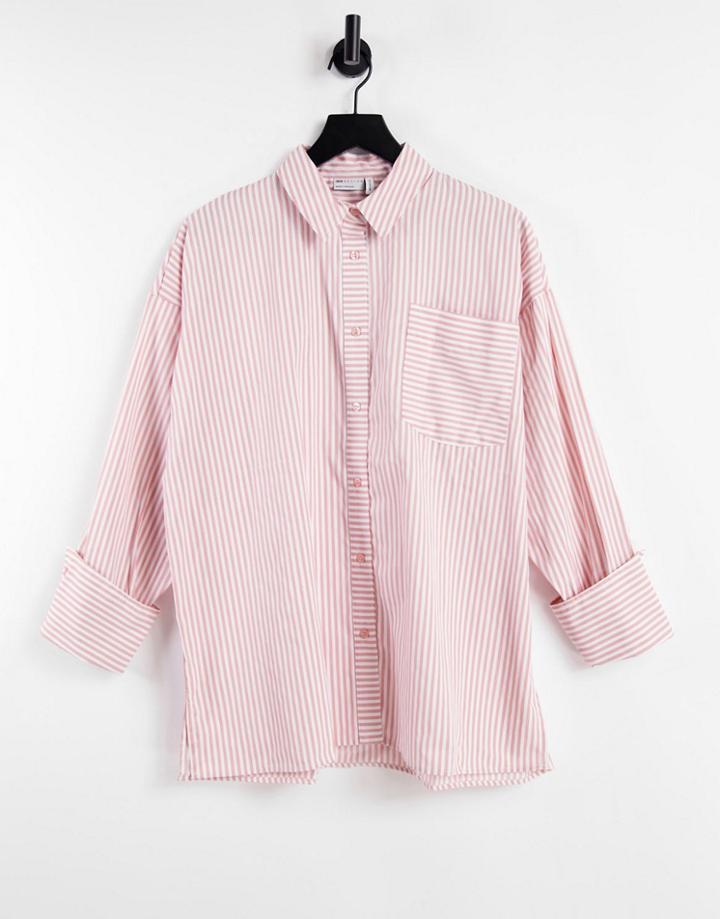 Asos Design Long Sleeve Oversized Cotton Dad Shirt In Blush And White Stripe-multi