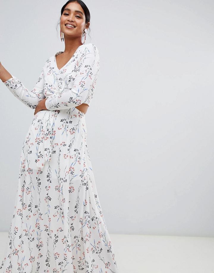 Liquorish Floral Print Cutaway Maxi Dress - White