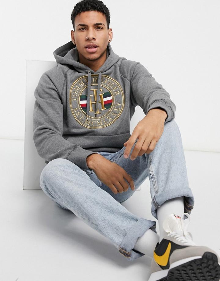 Tommy Hilfiger Icon Circle Logo Hoodie In Dark Gray Heather-grey