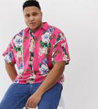 Asos Design Plus Oversized Revere Polo With Floral Print And Sequin Stripes - Pink