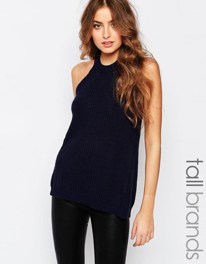 Brave Soul Tall High Neck Ribbed Top - Navy