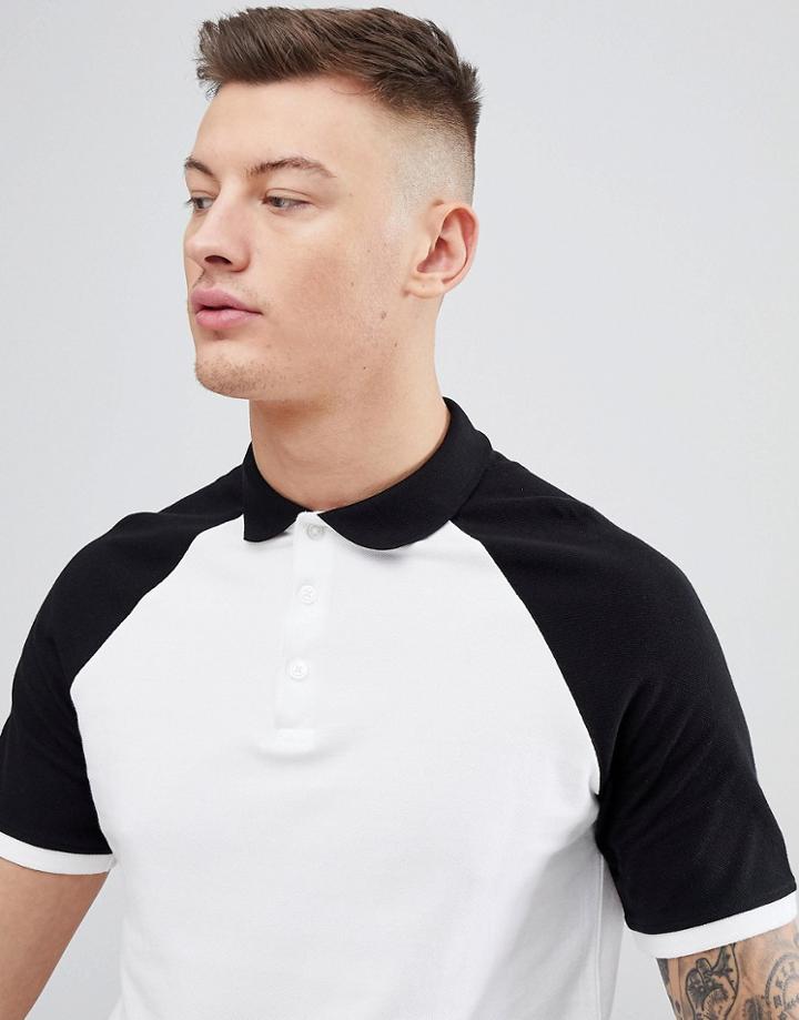Asos Design Pique Polo With Contrast Raglan - White