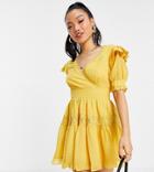 Asos Design Petite Wrap Front Lace Insert Textured Mini Tea Dress In Mustard-yellow