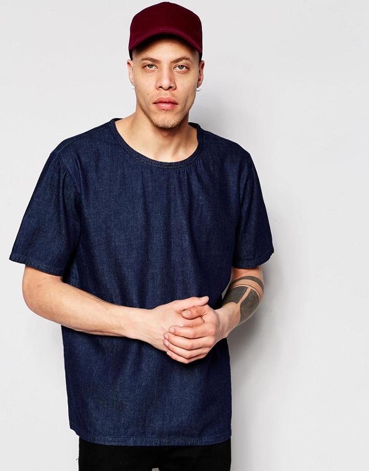 Weekday Zephyr Denim T-shirt Boxy Fit Wide Neck In Dark Blue - Enzyme Blue