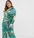 Missguided Plus Wide Leg Jumpsuit In Green Floral - Multi