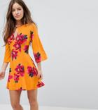 Asos Petite Mini Tea Dress With Fluted Sleeves In Orchid Print - Orange