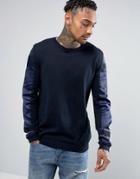Asos Sweater With Contrast Fabric Arm Patches - Navy
