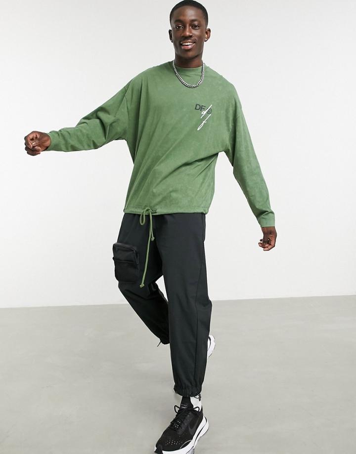 Asos Dark Future Oversized Long Sleeve T-shirt With Back Print And Drawstring In Green