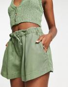 River Island Drawstring High Waist Shorts In Khaki-green