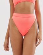 Asos Design Skinny Bind High Leg High Waist Bikini Bottom In Washed Neon Pink Rib - Pink
