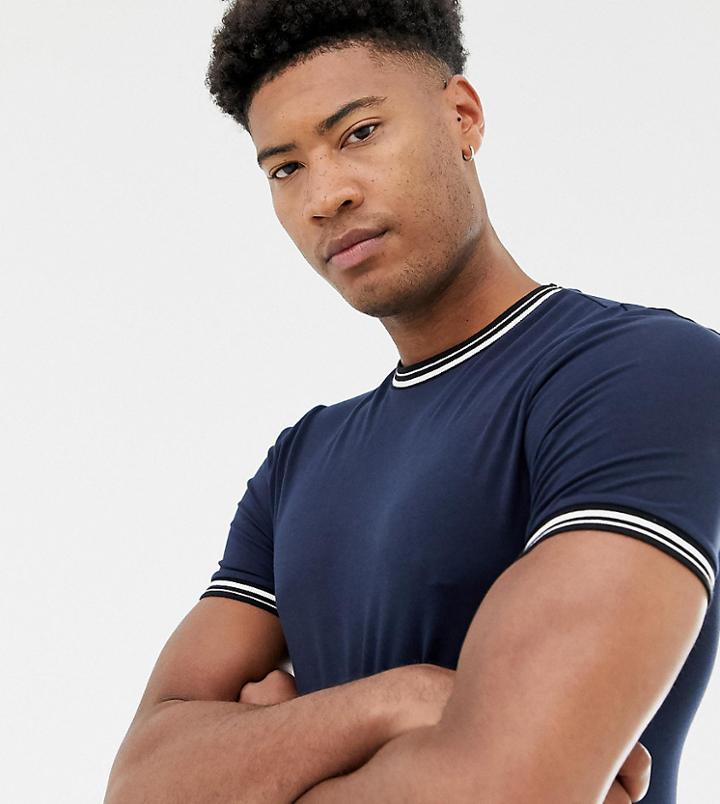 Asos Design Tall Muscle Fit T-shirt With Tipping In Navy