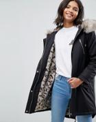 Asos Parka With Snow Leopard Faux Fur Liner - Black
